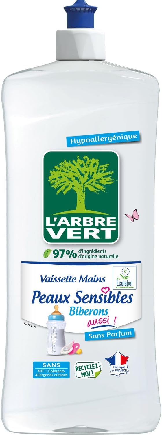 L'Arbre Vert Vaisselle Mains Ecolabel Peaux Sensibles Biberons Aussi ! - Hypoallergénique - 97% d'ingrédients d'origine naturelle -750mL