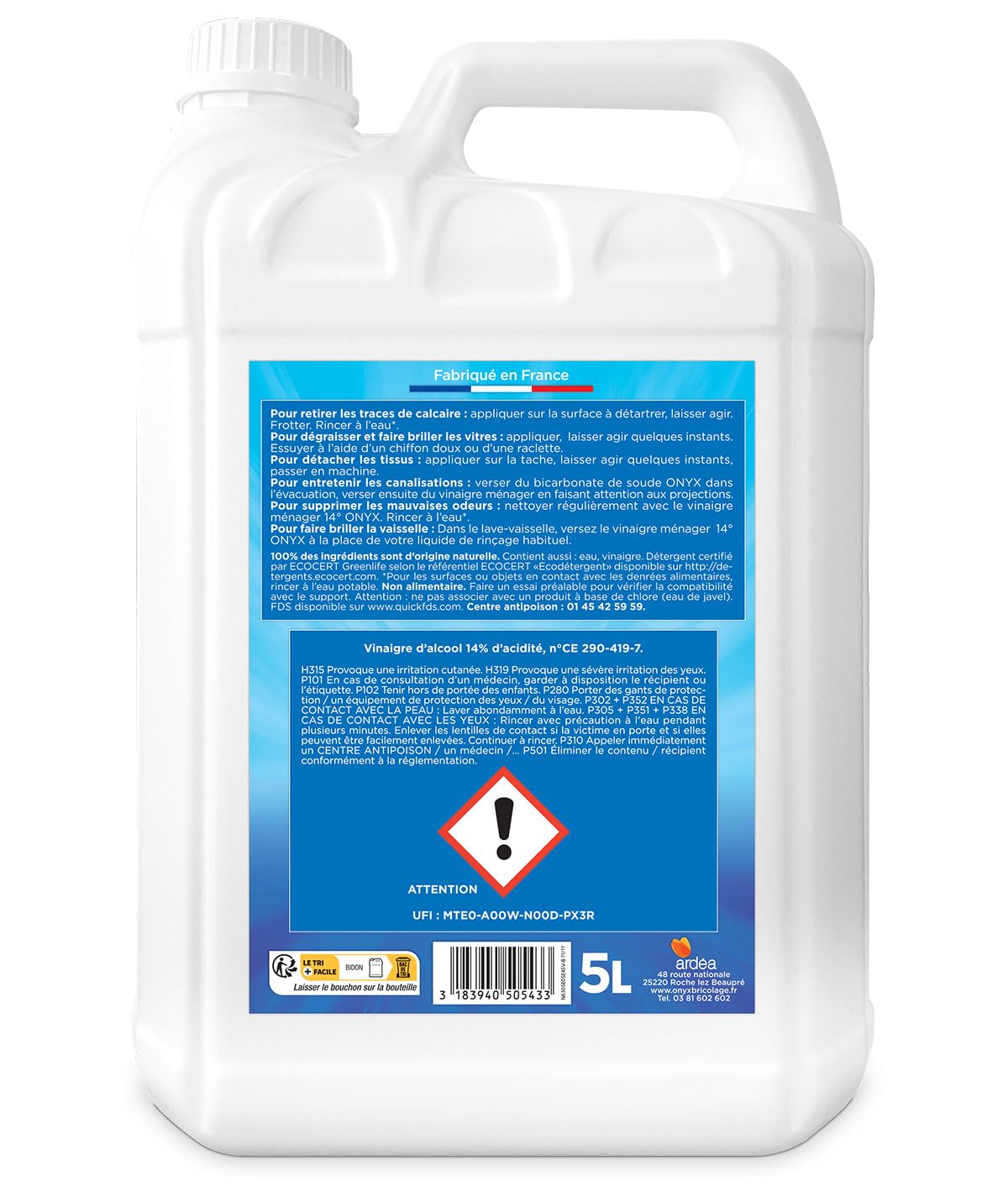 Onyx - Vinaigre Ménager 14° - Produit Nettoyant, Détartrant Concentré Multi-Surface - Dégraisser, Faire Briller - Ecocert, 100% d’Ingrédients d’Origine Naturelle, Fabrication Française -1L