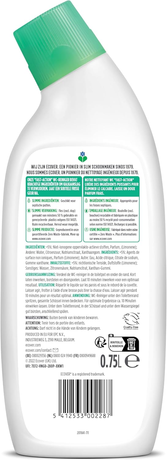 Ecover Nettoyant WC, Gel Nettoyant Toilettes Formulé aux Extraits Botaniques, Élimine le Calcaire, Parfum Pin et Menthe, Bouteille de 750 ml