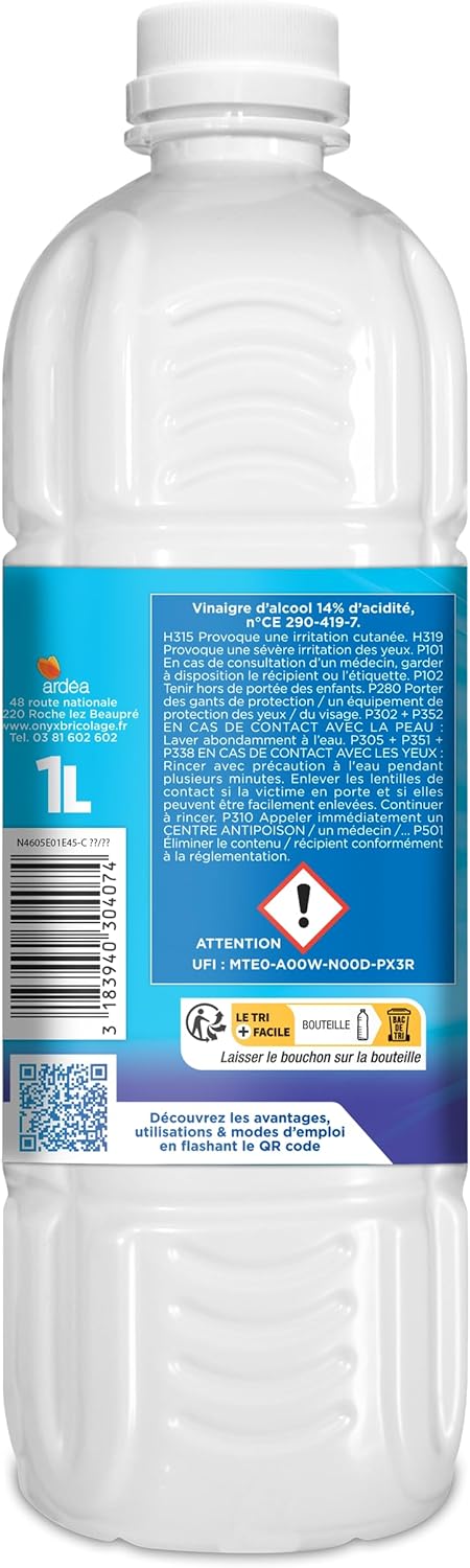 Onyx - Vinaigre Ménager 14° - Produit Nettoyant, Détartrant Concentré Multi-Surface - Dégraisser, Faire Briller - Ecocert, 100% d’Ingrédients d’Origine Naturelle, Fabrication Française -1L