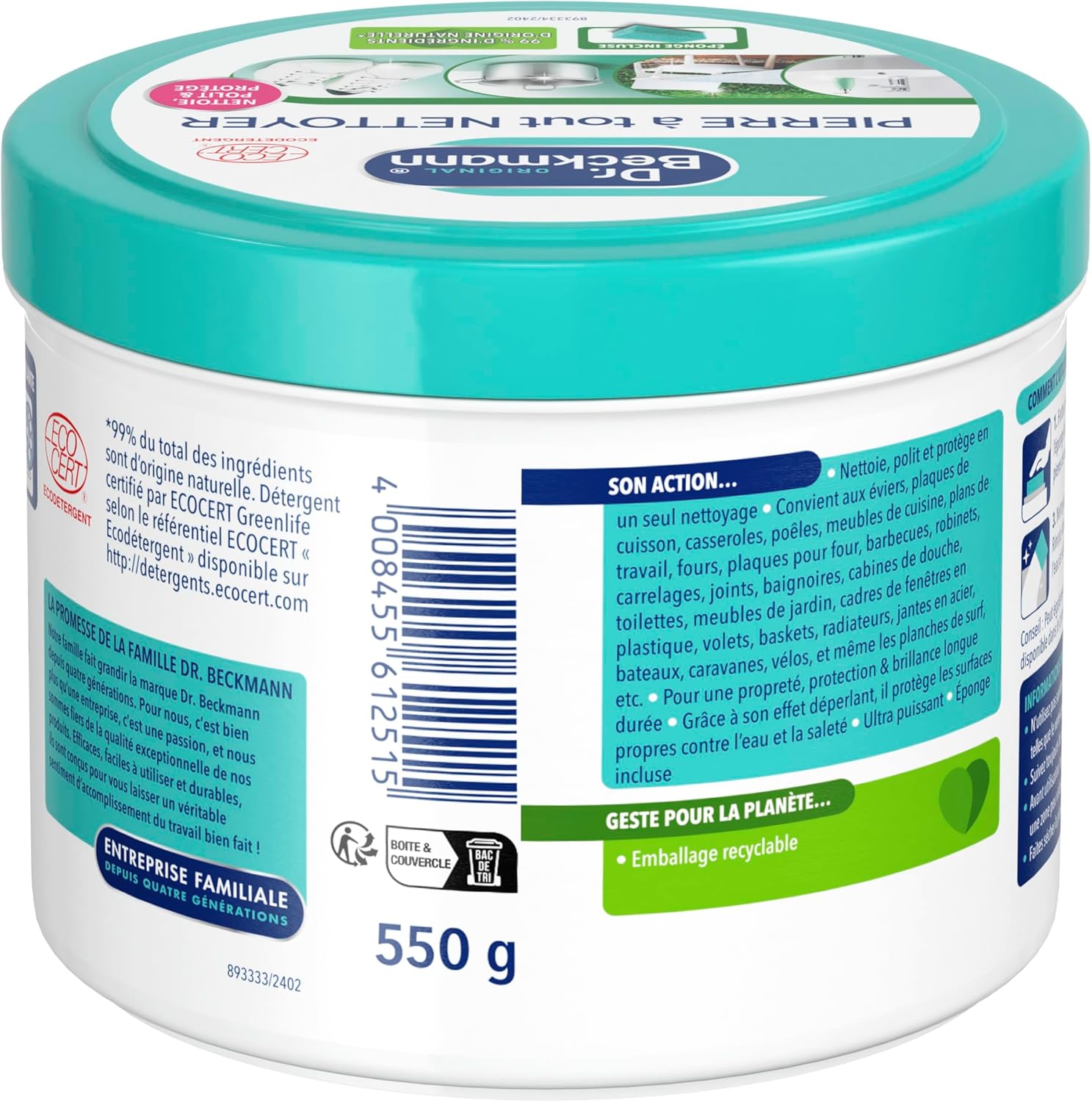 Dr. Beckmann - Pierre à Tout Nettoyer - Pierre Blanche de Nettoyage Avec du Bicarbonate de Soude - Efficace & Polyvalent - Nettoyant Basket Blanche & Autre - Nettoie, Polie & Protège - 550g
