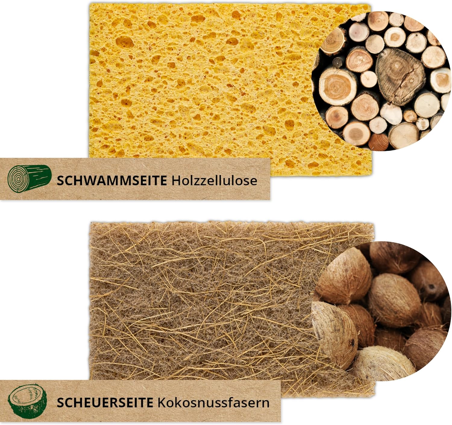 PROTEA Lot de 2 éponges à vaisselle durables en coco – Éponge naturelle réutilisable, éponge de cuisine, éponge de nettoyage – biodégradable et réutilisable